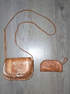 Vintage Brown Tooled Leather ? Mini Purse Shoulder Bag and Change Pouch READ!
